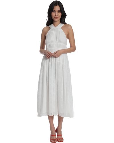 Maggy London Clip Dot Sleeveless Midi Dress With Ruched Halter Neck - White