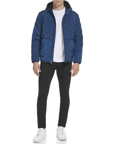 Kenneth Cole Diamond Quilted Puffer Jacket With Sherpa Lined Hood - Blue