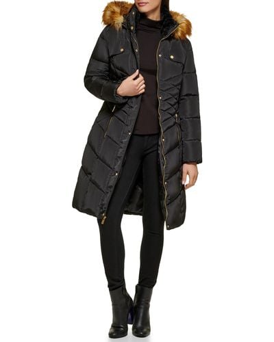 Guess Puffer Hooded Cold Weather Coat - Black
