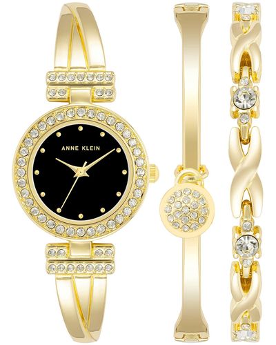 Anne Klein Premium Crystal Accented Bangle Watch And Bracelet Set - Metallic