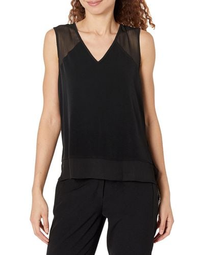 DKNY S V-neck Partially Lined Everyday Slvs Pleated Front Btn Through Top - Black