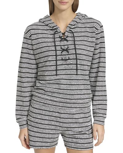 Andrew Marc Heritage Striped Stretch Terry Long Sleeve Lace Up Hoodie - Black