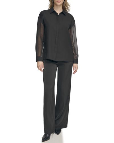 Calvin Klein Button Front Long Sleeve Blouse - Black