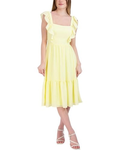 BCBGeneration Fit And Flare Ruffle Strap Square Neck Tie Back Midi Dress - Yellow
