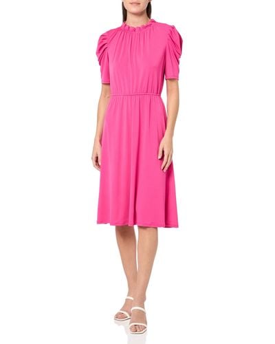 Adrianna Papell Solid Knit Ruffle Neck Pleated Sleeve Midi Dress - Pink