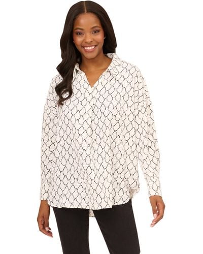 Adrianna Papell Textured Airflow V-neck Johnny Collar Blouse - White