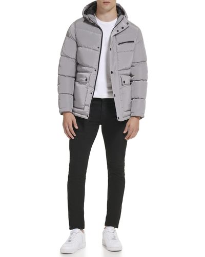 Kenneth Cole Reflective Zipper Tape Puffer Memory Fabric Jacket - Gray