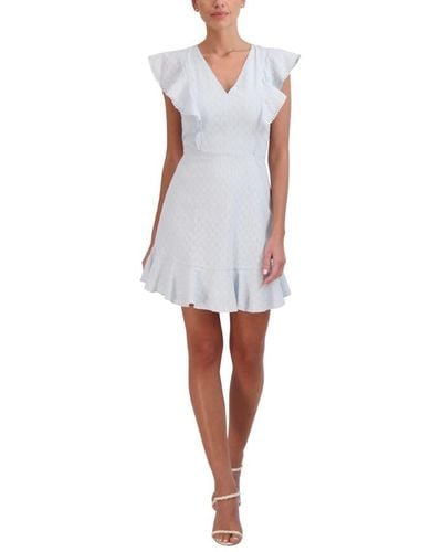 BCBGMAXAZRIA Mini V Neck Ruffle Cap Sleeve Cascade Dress - White