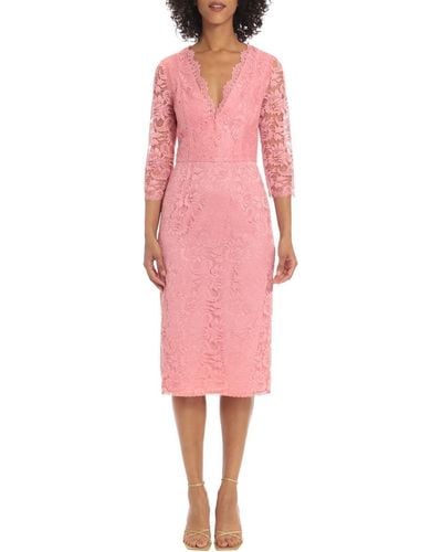 Maggy London V-neck Knee Length Dress With Lace Edge Details - Pink
