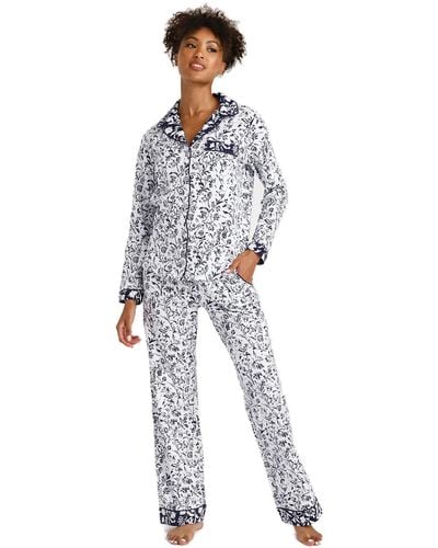 Vera Bradley Cotton Pajama Set With Long Sleeve Button-up Shirt And Pants - Blue