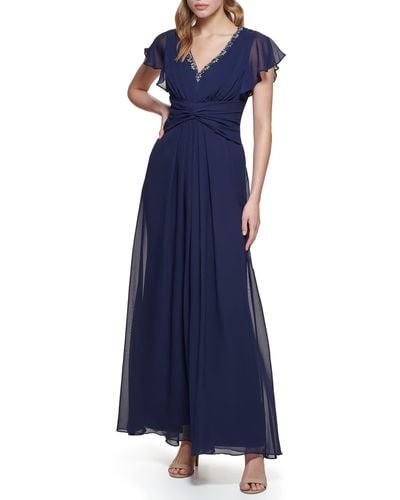 Eliza J Gown Style Twist Waist Chiffon Flutter Sleeve Beaded Vneck Dress - Blue