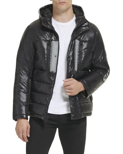 Guess Mid-weight Puffer Jacket With Logo Sleeve - Black