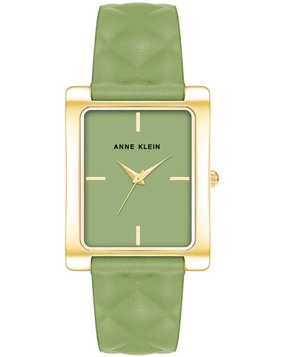 Anne Klein Three Hand Quartz Rectangular Gold-tone Alloy And Green Genuine Leather Strap Watch