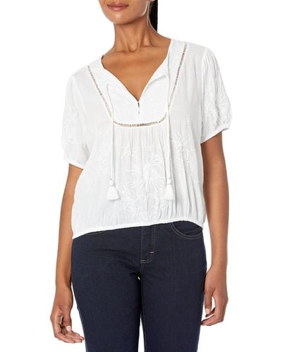 Lucky Brand Womens Open Neck Embroidered Peasant Blouse - White