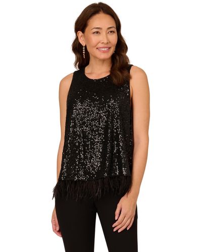 Adrianna Papell Sleeveless Sequin Top W Feather Trim Hem - Black