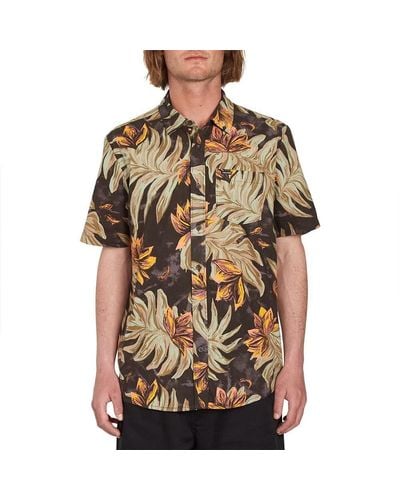 Volcom Regular Marble Floral Short Sleeve Button Down Hawaiian Shirt - Black