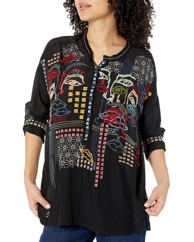 Johnny Was Biya By Long Sleeve Embroidered Blouse - Black