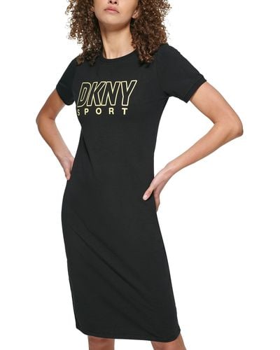 DKNY Bodycon Short Sleeve Outline Logo Dress - Black