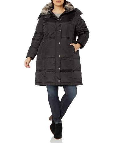 London Fog Plus-size Mid-length Faux-fur Collar Down Coat With Hood - Black