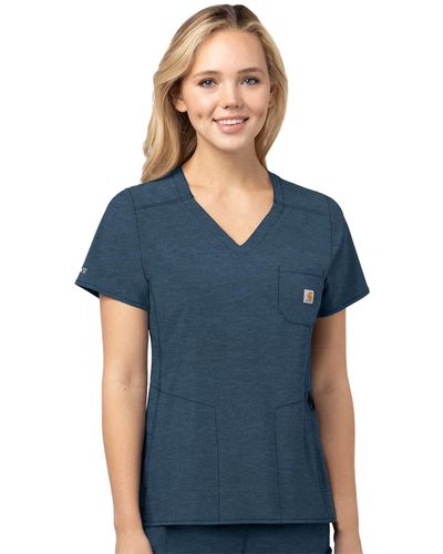 Carhartt Womens Force Cross-flex Modern Fit Chest Pocket Top Medical Scrubs Shirt - Blue