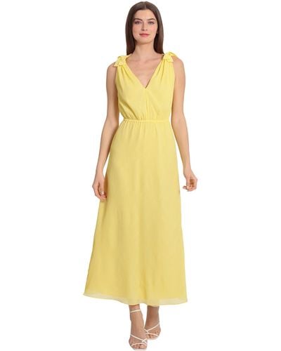Maggy London Tie Shoulder Chiffon Maxi Dress Date Night Event Guest Of - Yellow