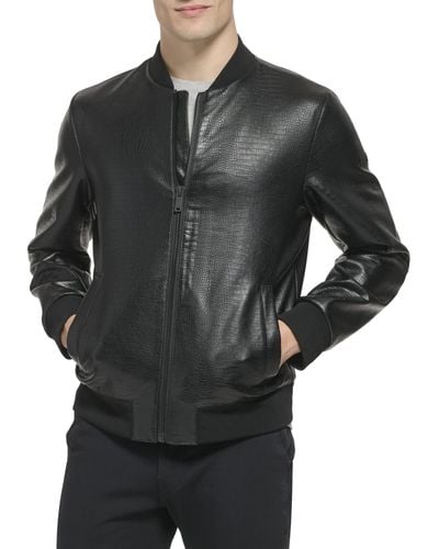 DKNY Faux Leather Varsity Bomber Jacket - Black