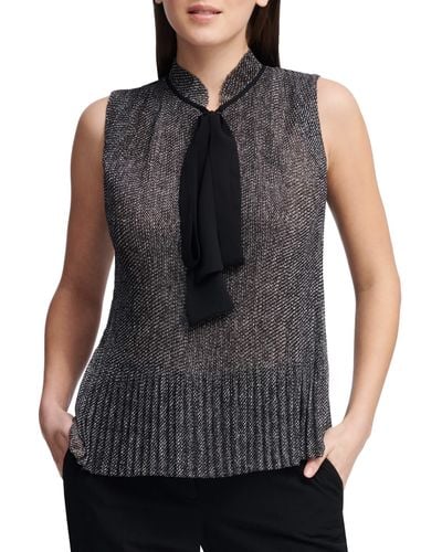 DKNY Women Sleeveless Pleated Top With Tie Neck - Black