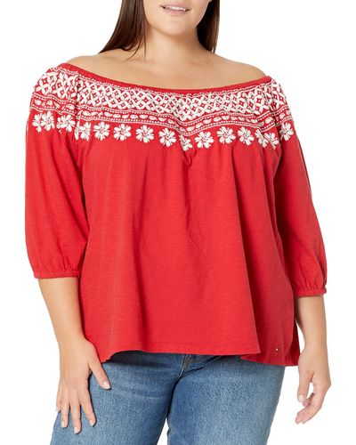 Tommy Hilfiger Plus Casual Off The Shoulder Short Sleeve Top - Red