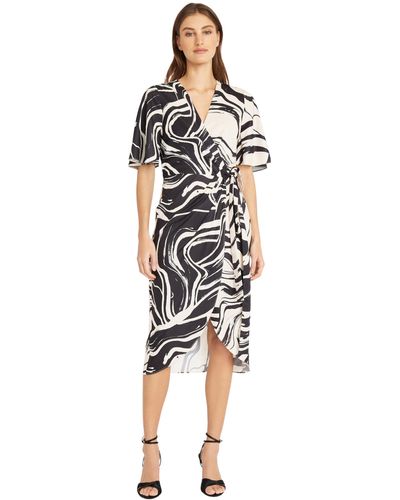 Donna Morgan Plus Size Contrast Printed True Wrap Dress Event Occasion Guest Of - Black