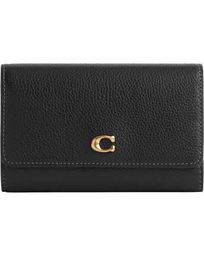 COACH Polished Pebble Leather Essential Medium Flap Wallet - Black