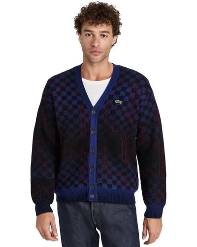 Lacoste Relaxed Fit Long Sleeve Button Down Cardigan Sweater - Blue