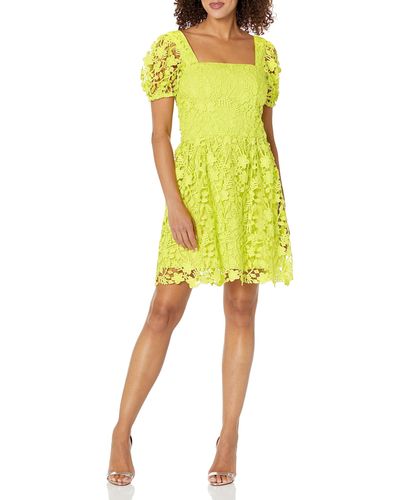 Donna Morgan Square Neck Short Sleeve Lace Dress Party Event Date Guest Of - Yellow