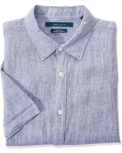 Perry Ellis 100% Linen Short Sleeve Button-up Shirt - Blue