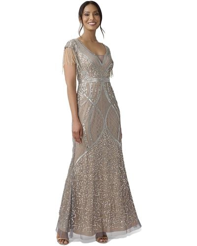Adrianna Papell Beaded Gown With Fringe - Natural