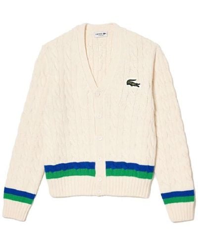 Lacoste Long Sleeve Colorblock Neck Cable Knit Button Cardigan - White