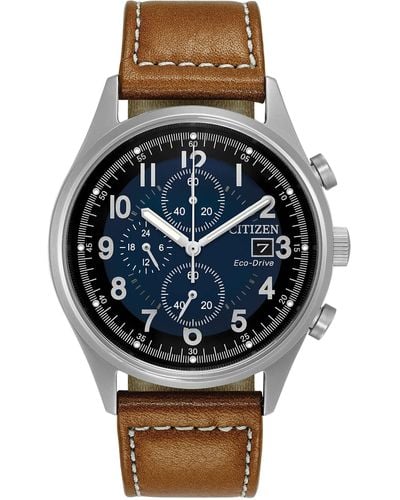 Citizen Eco-drive Weekender Garrison Chronograph Field Watch In Stainless Steel With Brown Leather Strap - Metallic