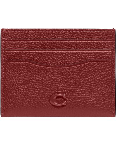 COACH Flat Card Case In Pebble Leather With Sculpted C Hardware Branding - Red