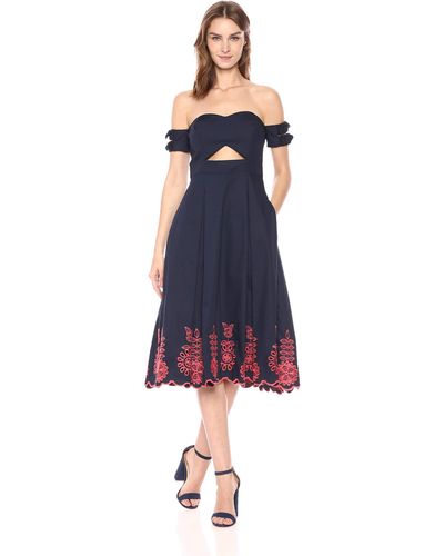 Rachel Roy Off The Shoulder Embroidered Fit And Flare Dress - Blue