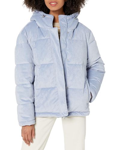 Kenneth Cole Womens Corduroy Printed Hooded Puffer Transitional Jacket - Blue