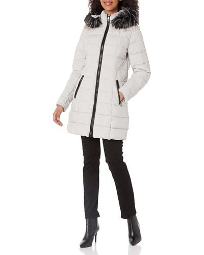 Laundry by Shelli Segal Stretch 3/4 Puffer Jacket With Faux Fur Striped Hood - Natural