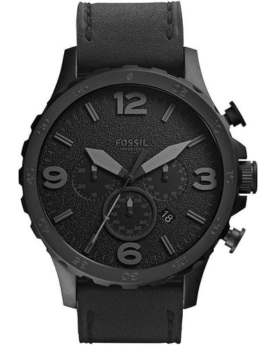 Fossil Nate Quartz Stainless Steel And Leather Chronograph Watch - Black