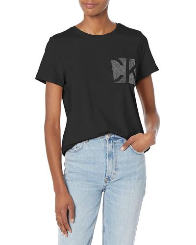 Calvin Klein Soft Exploded Ck Logo Pocket Sparkly Cotton Span Jersey Everyday T Shirt - Black