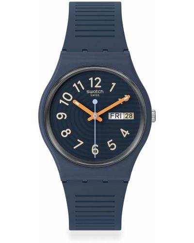 Swatch Casual Blue Watch Bio-sourced Material Quartz Trendy Lines At Night