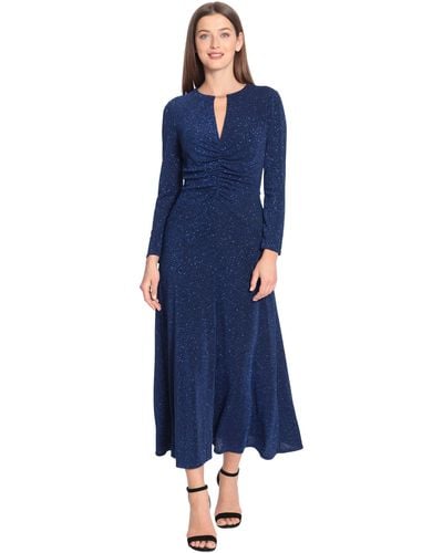 Maggy London Keyhole Neck Midi Dress With Shirring At Waist - Blue