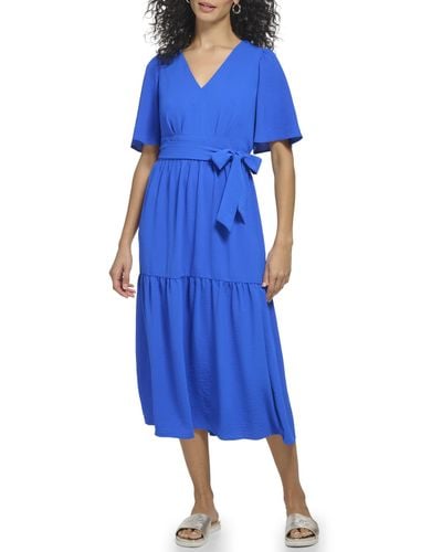 DKNY Short Sleeve Tiered Midi Dres Dress - Blue