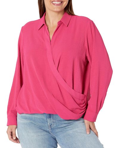 Calvin Klein Plus Faux Wrap Long Sleeve Blouse - Pink