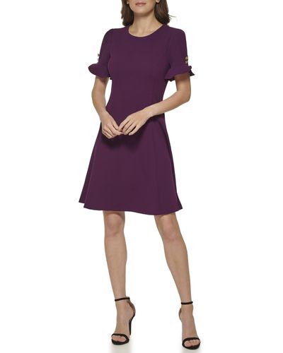 DKNY Flounce Sleeve With Button Fit And Flare Dress - Purple