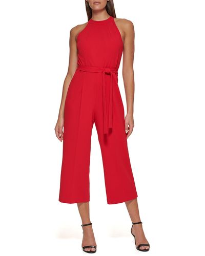 Tommy Hilfiger Scuba Crepe Sleeveless Belted Jumpsuit Dress - Red