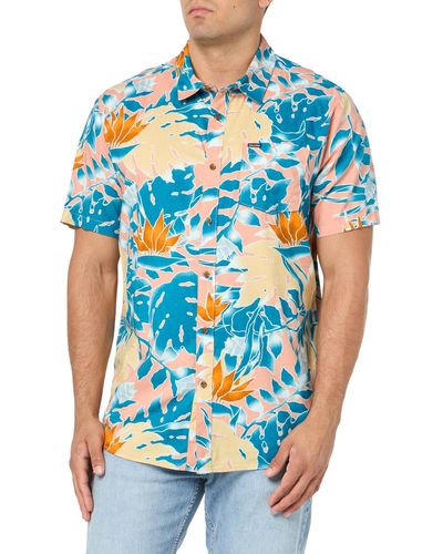 Volcom Marble Floral Short Sleeve Button Down Hawaiian Shirt - Blue