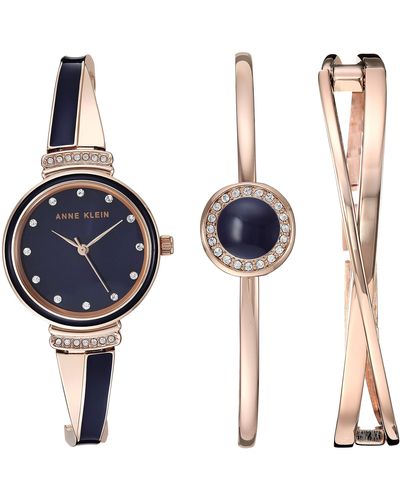 Anne Klein Ak/3292nvst Premium Crystal Accented Rose Gold-tone And Navy Blue Watch And Bangle Set